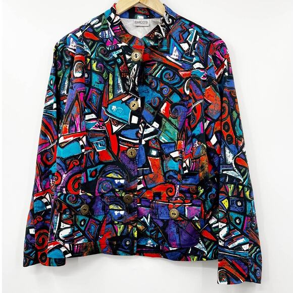 Chico's Jacket Women's Colorful Abstract Button Up Lightweight Multicolor Size L - Picture 1 of 4